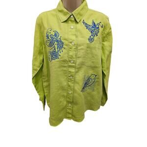 Westbound vintage 100% linen long sleeve button up embroidered lime green EUC L